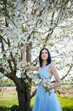 Açık mavi uzun elbiseli güzel bir kız saçına süslenmiş çiçek açan bir ağaca karşı. Beyaz çiçekli genç bir kadının narin portresi.