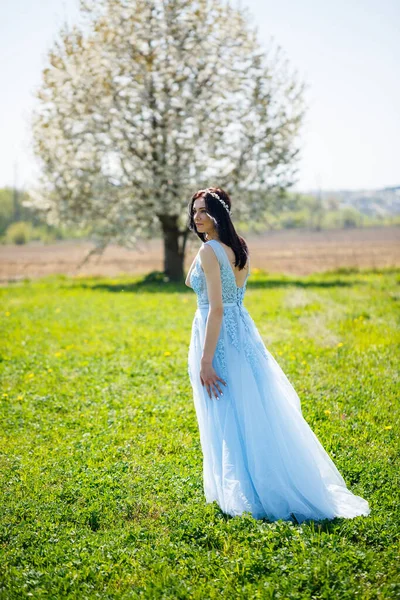 Retrato Uma Menina Verão Luz Azul Vestido Longo Adornado Seu — Fotografia de Stock