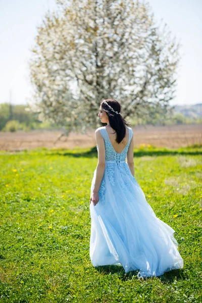 Retrato Una Niña Vestido Largo Azul Veraniego Ligero Adornado Con — Foto de Stock