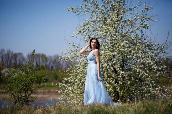 Retrato Una Tierna Chica Vestido Largo Azul Con Tul Bajo — Foto de Stock