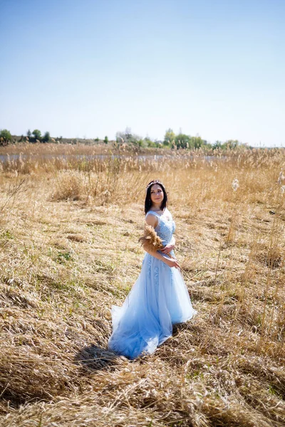 Mulher Vestido Azul Comprido Nos Juncos Retrato Moda Com Flores — Fotografia de Stock