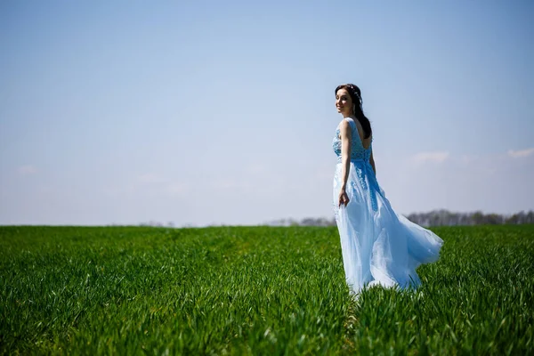 穿着蓝色长裙的女人在绿地的背景上 一个脸上挂着笑容的漂亮姑娘的时装肖像 — 图库照片