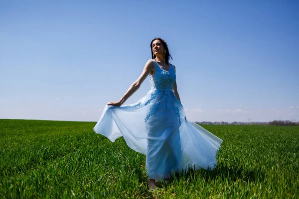 緑のフィールドの背景に青い長いドレスを着た若い女性 彼女の顔に笑顔で美しい女の子のファッションの肖像画 — ストック写真