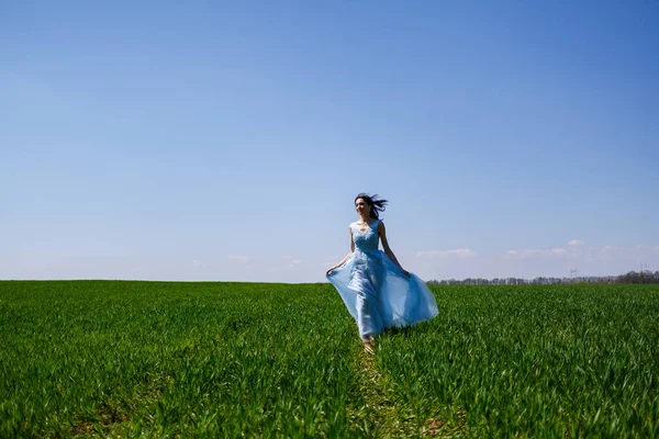 Fiatal Kék Hosszú Ruhában Zöld Mezőn Divatportré Egy Gyönyörű Lányról — Stock Fotó