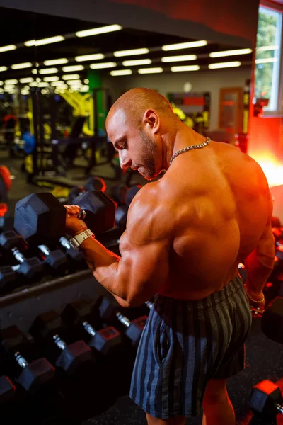 Homem Sem Camisa Muscular Fazendo Exercícios Bíceps Com Exercícios Halteres — Fotografia de Stock