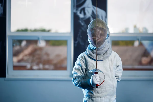 Enfant Costume Masque Escrime Avec Une Épée École Escrime — Photo