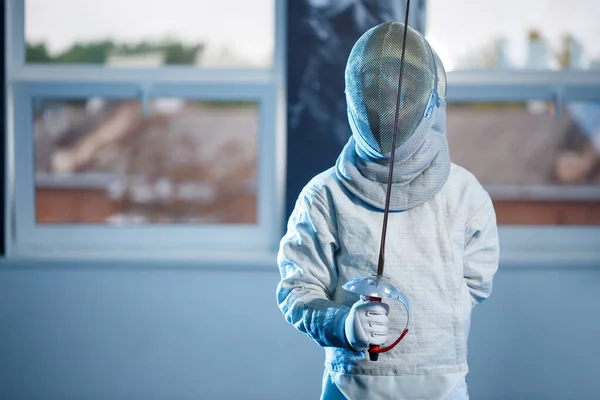 Enfant Costume Masque Escrime Avec Une Épée École Escrime — Photo