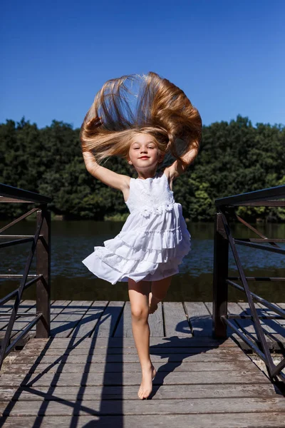 Six Year Old Girl Wearing White Dress Beautiful Long Hair — Stock Photo, Image
