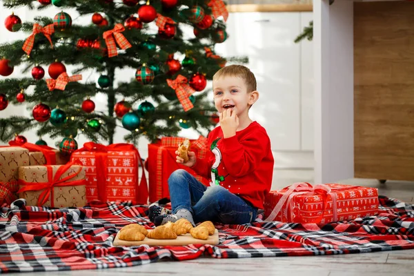 Garçon Est Assis Près Sapin Noël Dans Cuisine Noël Tient — Photo