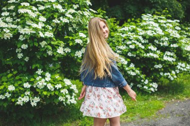 Avrupa görünümlü, uzun sarı saçlı, kısa bir elbise giymiş genç bir kadın, beyaz çiçekli çalıların arka planında duruyor. Güneşli bir bahar günü. Doğal kadın güzelliği