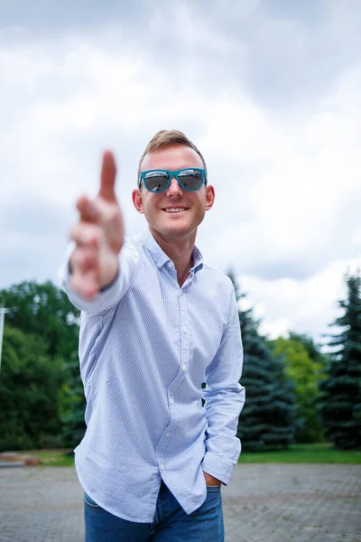 Handsome Young Man European Appearance Wearing Sunglasses Dressed Shirt Jeans — Stock Photo, Image