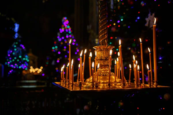 Many Burning Candles Stand Golden Stand Church — Stock Photo, Image