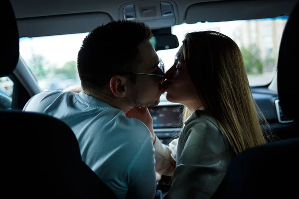 Loving Couple Car Hug Hold Hands While Traveling Stylish Young — Stock Photo, Image