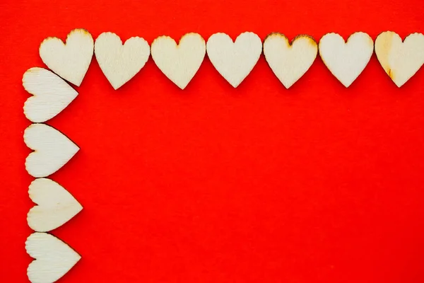 Dia Dos Namorados Fundo Vermelho Com Corações Madeira Palavra Amor — Fotografia de Stock