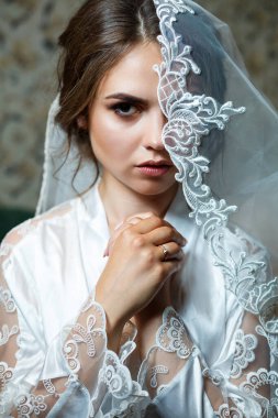 Profesyonel makyajlı, beyaz önlüklü, duvak takmış bir gelinin yakın plan fotoğrafı. Genç bir kadının düğün günü. Fotoğraf, saç stili, güzellik.