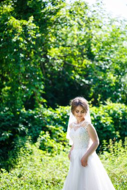 Uzun beyaz gelinlik içinde mutlu bir gelin ve doğa üzerine yeşil bir parkta duvak. Genç bir kızın düğün resmi, kadın makyajı ve saç stili. Evlilik kavramı