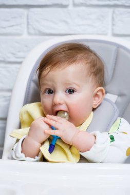 Küçük bir çocuk yüksek bir sandalyeye oturur ve ağdan meyve yer. Bebekleri beslemek için Nibbler