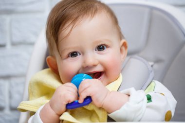 Küçük bir çocuk yüksek bir sandalyeye oturur ve ağdan meyve yer. Bebekleri beslemek için Nibbler