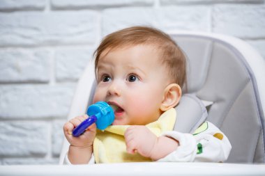 Küçük bir çocuk yüksek bir sandalyeye oturur ve ağdan meyve yer. Bebekleri beslemek için Nibbler