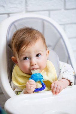 Küçük bir çocuk yüksek bir sandalyeye oturur ve ağdan meyve yer. Bebekleri beslemek için Nibbler