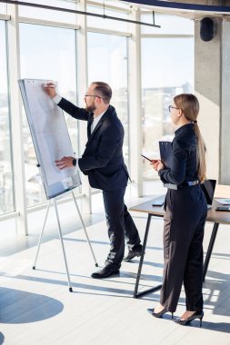 Şirket toplantıları, iş ekibi organizasyonları ve iş yerindeki grafikler, grafikler ve iş aksesuarlarıyla yeni bir başlangıç projesiyle çalışma planları.