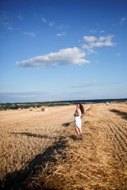 Buğday tarlasında genç kıvırcık saçlı bir kadının portresi, buğdayın biçildiği ve demetlerin dikildiği, doğanın tadını çıkardığı yer. Doğa. Güneş ışınları Tarım