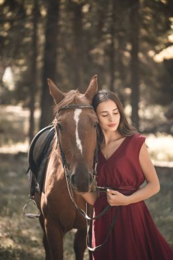 Kahverengi atına sarılan gülümseyen genç bir kadının portresi. Elbiseli bir kız bir atın yanında duruyor. İnsanlar ve evcil hayvanlar arasındaki arkadaşlık kavramı.