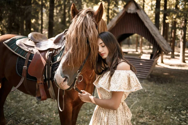 Piękna Młoda Dziewczyna Ubrana Sukienkę Stoi Pobliżu Konia Lesie — Zdjęcie stockowe
