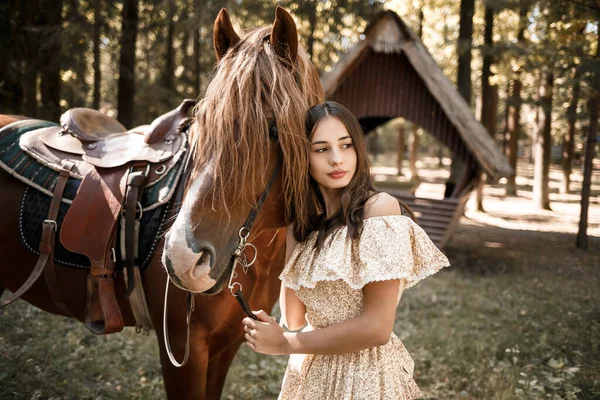Beautiful Young Girl Dressed Dress Stands Horse Forest — Stock Photo, Image
