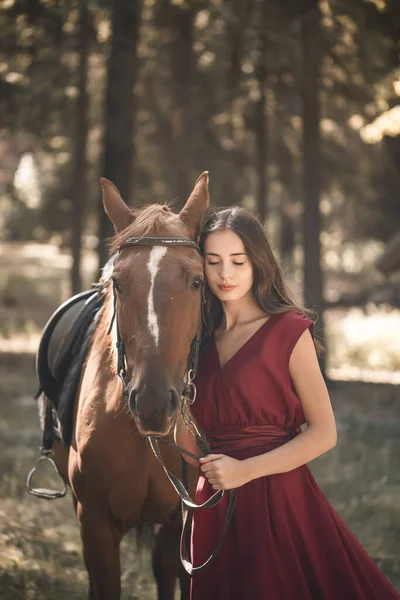 Portret Van Een Lachende Jonge Vrouw Die Haar Bruine Paard — Stockfoto