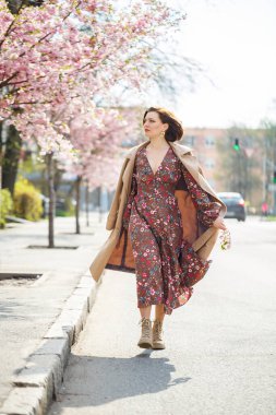 Baharda, bir kadın sakura ağaçlarıyla birlikte çiçek açmış bir cadde boyunca yürür. Çiçek açan ağaçların arasında uzun ipek ve zarif bir elbise giyen bir kız yürüyor.