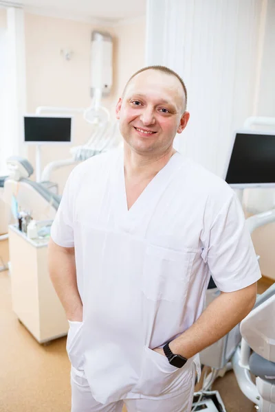 Portrait Smiling Man White Doctor Robe Uniform Standing Office Clinic — Stock Photo, Image