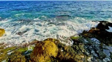 Yumuşak dalgalar yosunlu kayaların üzerinde yuvarlanırken güneş ışığı yüzeyde parlarken alacakaranlıkta kıyıda huzurlu bir manzara yaratıyor doğanın rahatlatıcı sesleri havayı dolduruyor.