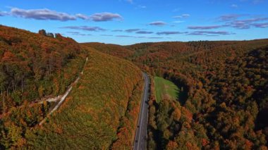 Altın ve kırmızı yapraklar yamaçları kaplıyor pürüzsüz bir yol canlı manzarayı örüyor açık bir günde güzellikleri sergiliyor
