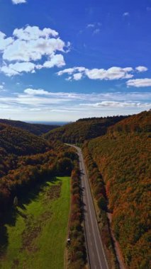 Bereketli yeşil tarlaları kesen dolambaçlı bir yolun manzarası ve parlak mavi gökyüzü altında renkli sonbahar yaprakları tüylü beyaz bulutlarla dolu..