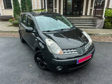 Çağdaş bir garaj yoluna park edilmiş şık siyah bir araç, uzun ağaçlarla çerçevelenmiş, karamsar bir gökyüzünün altında, yaklaşan yağmuru işaret eden düzgün düzenlenmiş bir taş işi..