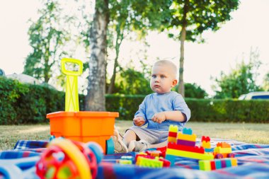 Açık mavi bir tişörtle sarılmış bir çocuk yeşil çimenler ve ağaçlarla kaplı sakin bir parkta piknik battaniyesinde parlak yapı taşlarını ve oyuncakları keşfediyor..