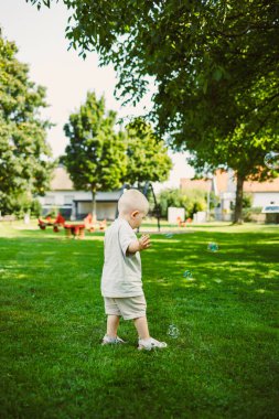 Genç bir çocuk yemyeşil bir parkı keşfeder, güneşli bir günde köpüklü baloncukları kovalamak için uzanır. Sahne neşe ve arka planda doğanın sesleri ile dolu..