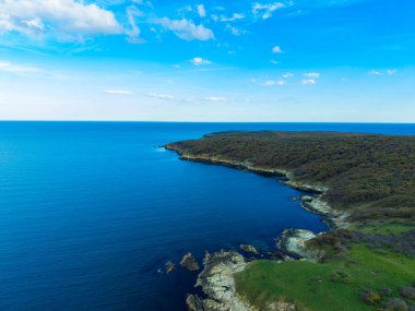 Kıyı şeridi, uçurumlar ve deniz boyunca kayalık alanlar. Mavi okyanus açık bir gökyüzüne doğru uzanıyor. Topraktaki yeşillik suyla çelişiyor..