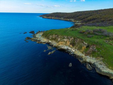 Manzara yeşil tepelerin mavi denizle buluştuğu bir kıyı şeridini gösteriyor. Su sakin ve kıyıya yakın kayalar görülebilir. Güneş gökyüzünde parlıyor..