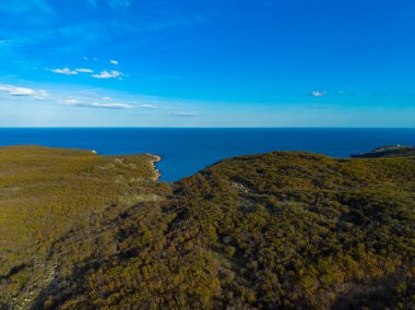 Parlak mavi gökyüzü okyanusa doğru yuvarlanan yeşil tepelerin üzerine uzanıyor. Manzara bir kıyı bölgesinde doğayı sergiliyor. Sahne sakin ve boş, doğal güzelliği vurguluyor..