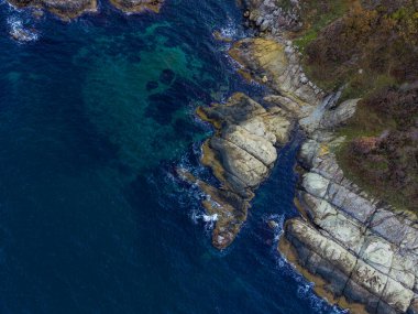Dalgalar açık mavi suyun kenarındaki kayalara çarpar. Kıyı şeridi pürüzsüz taşlar ve engebeli yüzeylerin karışımını gösteriyor. Bitkiler daha yüksek kayalarda yetişir..