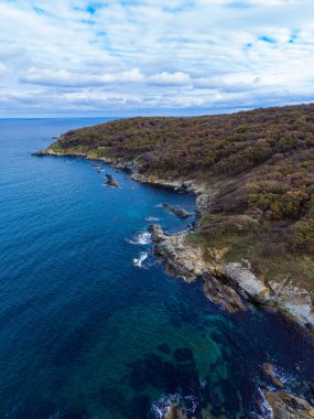 Bir kıyı şeridi bulutlu bir gökyüzünün altında kayalık kayalıkları ve berrak mavi suyu gösterir. Kara, bazı yeşil bölgelerle birlikte hafifçe denize doğru eğilir. Bu yerin doğal güzelliği var ve manzaralı manzarası var..