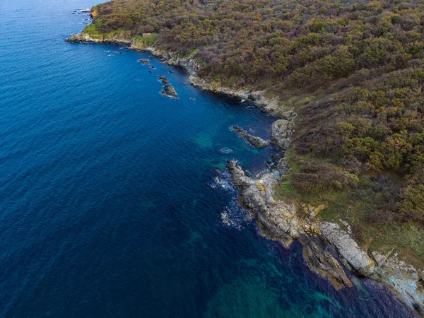 Sahne, su boyunca kayalık bir kıyı şeridini, karada yeşil bitki örtüsü ve parlak gökyüzü altında gündüz vakti kayaları çevreleyen açık mavi suyu gösteriyor..