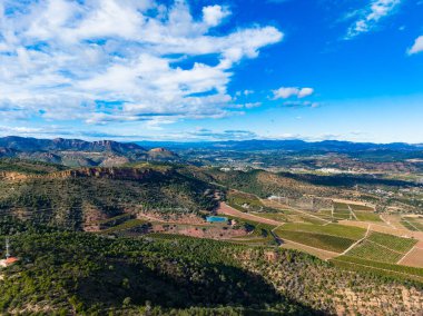 Portakal ve mandalina ağaçları dağ boyunca uzanır. Bu manzara bulutlu, parlak bir gökyüzünün altındaki sıra sıra ağaçları gösteriyor. Toprak yeşil ve verimli..