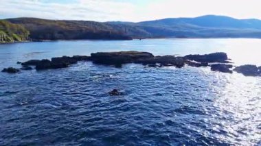 Güneş ışığı dalgaların üzerinde dans ederken sakin sular körfez boyunca uzanıyor. Uzak tepeler manzarayı çerçeveler, sakin bir atmosfer yaratır kıyıda sakin anlar için.