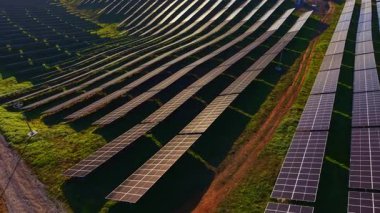 Geniş güneş panelleri, yemyeşil arazi üzerinde dalgalı desenler halinde düzenlenmiş, yenilenebilir enerjide yenilik gösteren ve çevre dostu çözümlere bağlılık gösteren, güneş ışığında parlar..