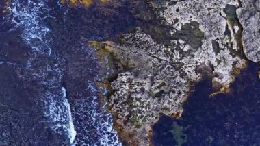 Yosun kaplı sert taşlar derin mavi denizden gelen dalgalara karşı güçlü dururlar. Güneş ışığı parlatıcıları, zengin dokular ve canlı renklerde gizli elementler sergiliyor..