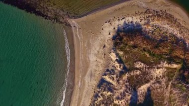 Çarpıcı bir sahil sahnesinde turkuaz dalgalara karışan altın kumlar sergileniyor. Yeşillik ve gölgeler sakin bir atmosfer yaratır. Rahatlama ve keşifleri davet eder..