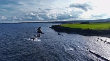 Dalgalar, siyah kayaların ışıl ışıl mavi sularla buluştuğu engebeli bir kıyı şeridine nazikçe çarpar. Canlı yeşil bir alan kıyı boyunca uzanıyor, hepsi uçsuz bucaksız bulutlu gökyüzünün altında..